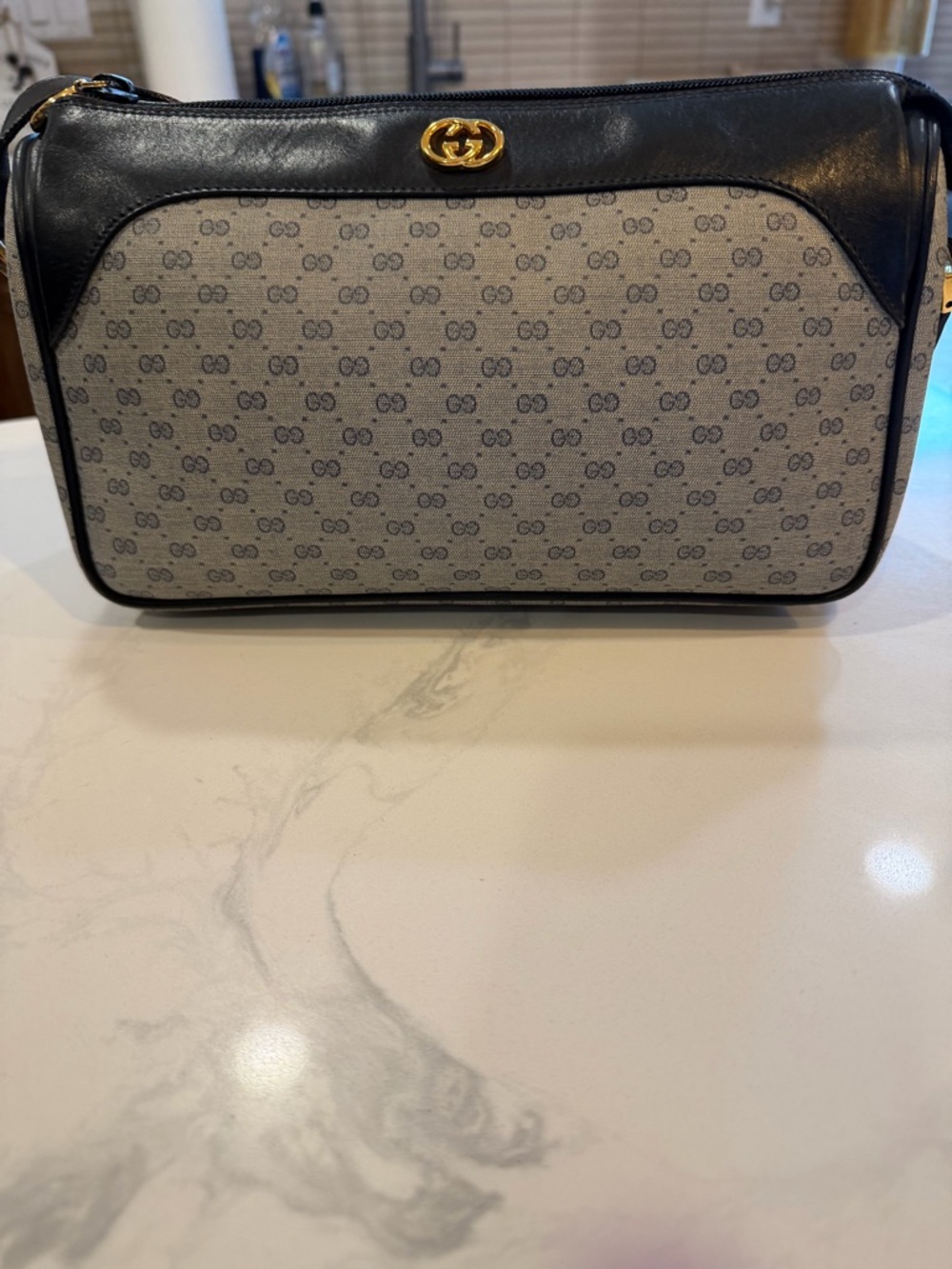 Gucci Blue Leather and Beige/Gray GG Monogram Shoulder Bag
